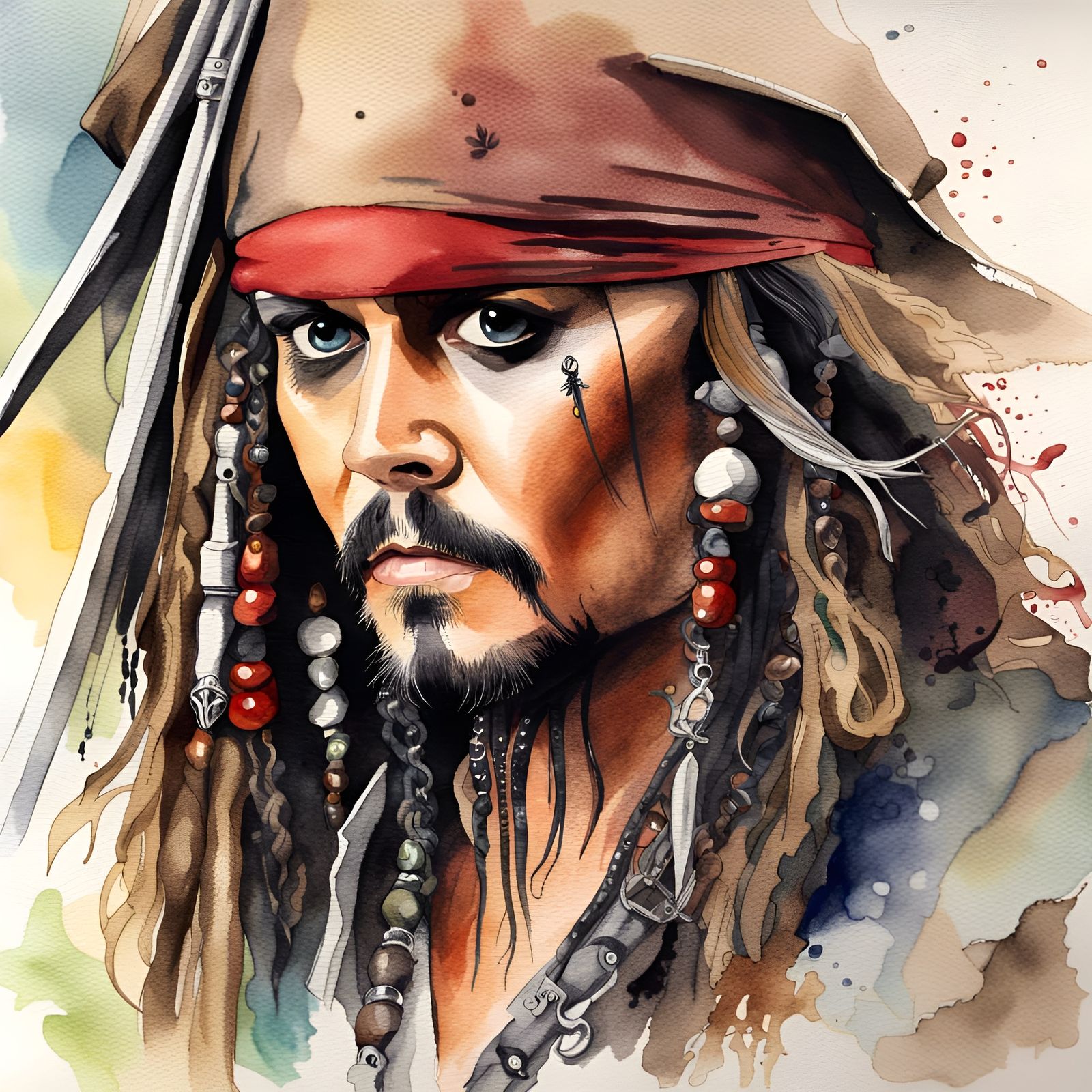 Realistic Watercolor Painting of Jack Sparrow