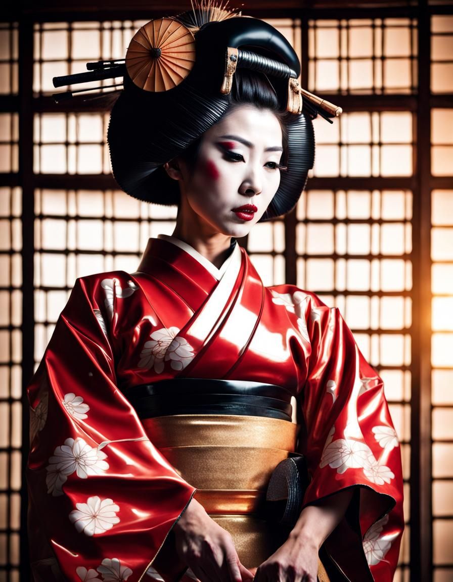 Geisha in Latex Garb at Traditional Teahouse