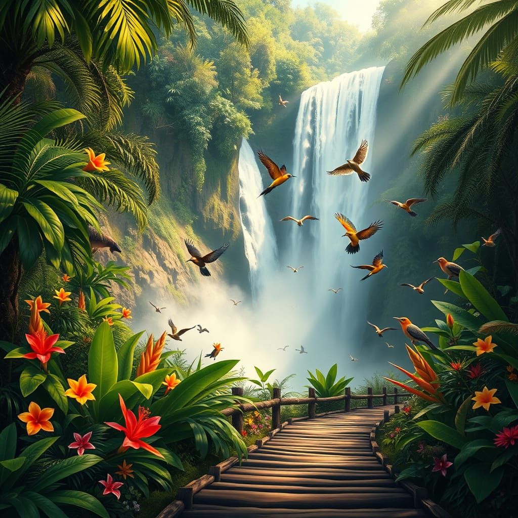 Lush Jungle Waterfall in Romantic Landscape Style