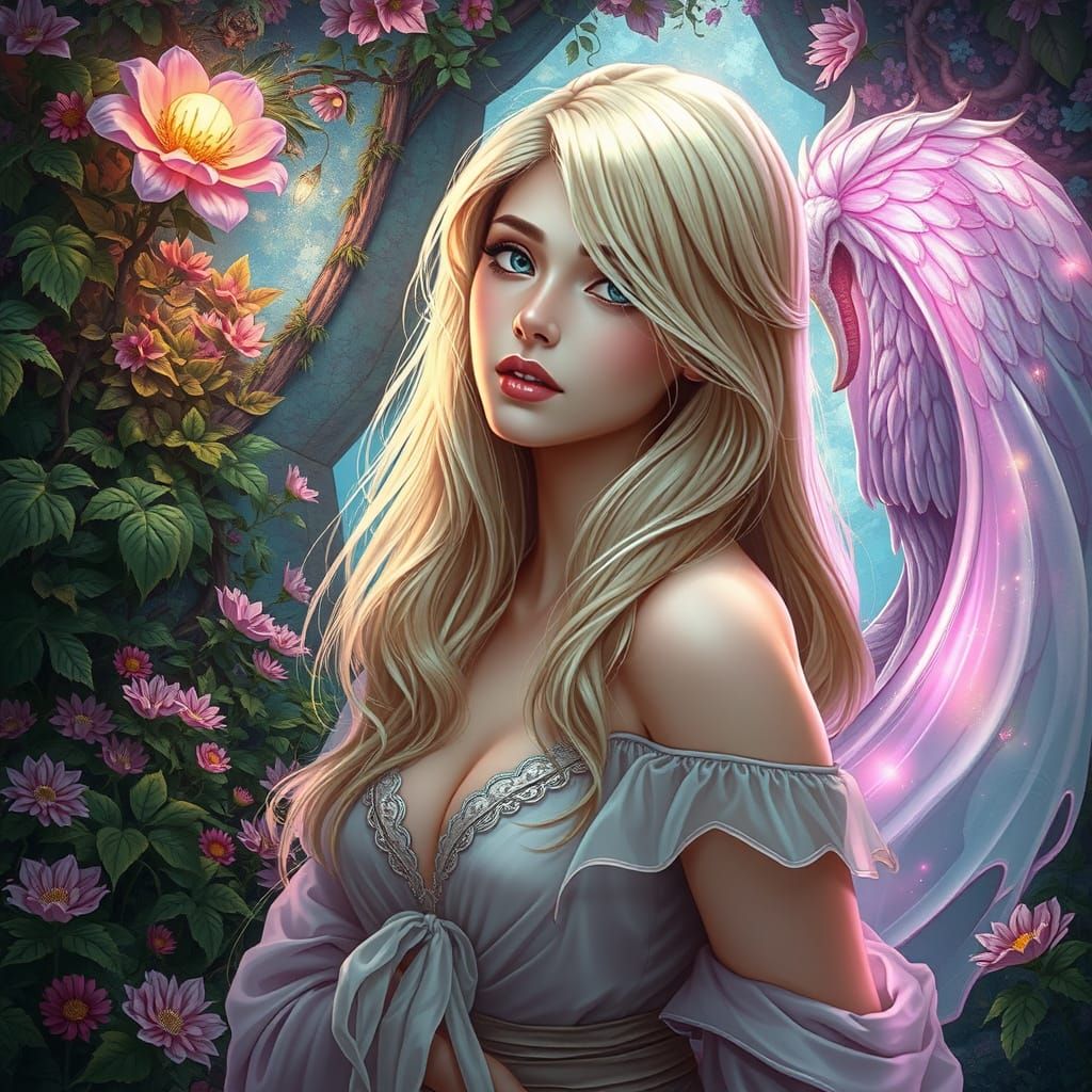 Ethereal Woman in a Lush Whimsical Garden