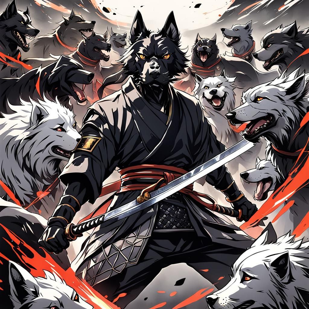 Black Samurai Versus Wild Dogs in Anime Style
