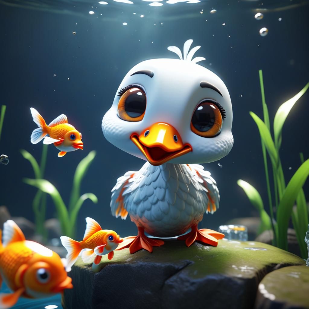 Cute Chibi Stork Catches Goldfish: 3D Game Art