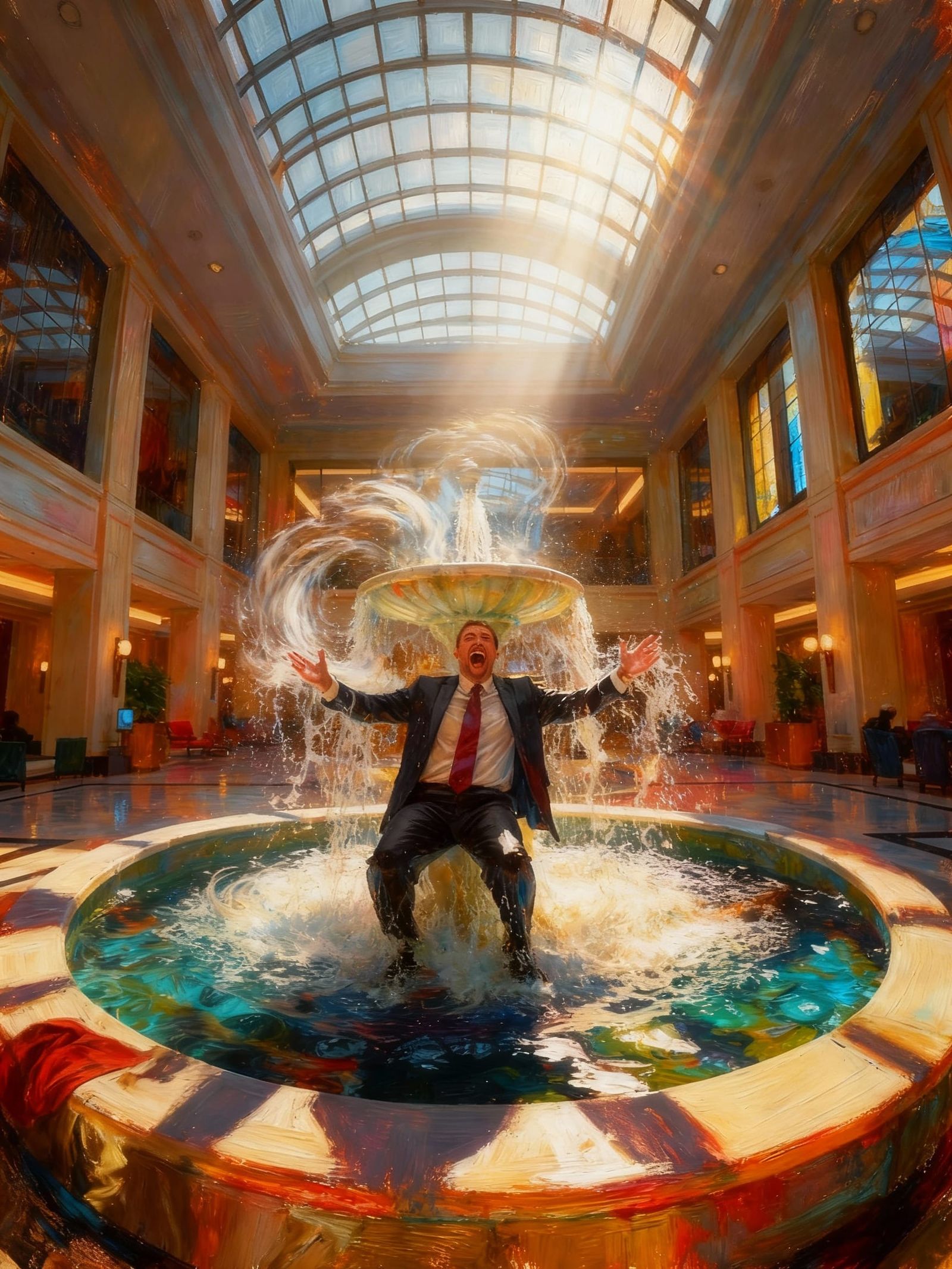 Stockbroker Celebrates in Corporate Fountain in Digital Pain...