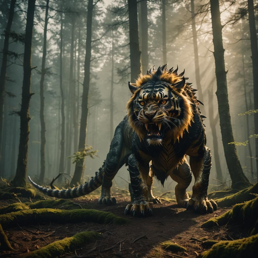 Dragon-Tiger Hybrid in Misty Forest: Cinematic Still
