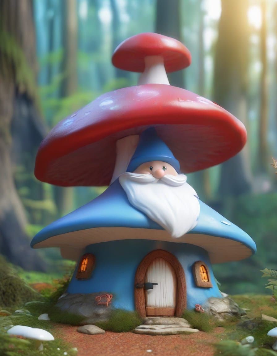 Whimsical Blue Gnome in a Colorful Mushroom House