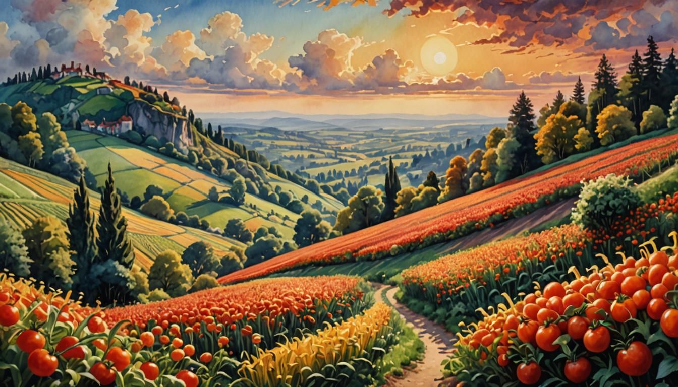 Tomato Sauce Landscape in Watercolor Style