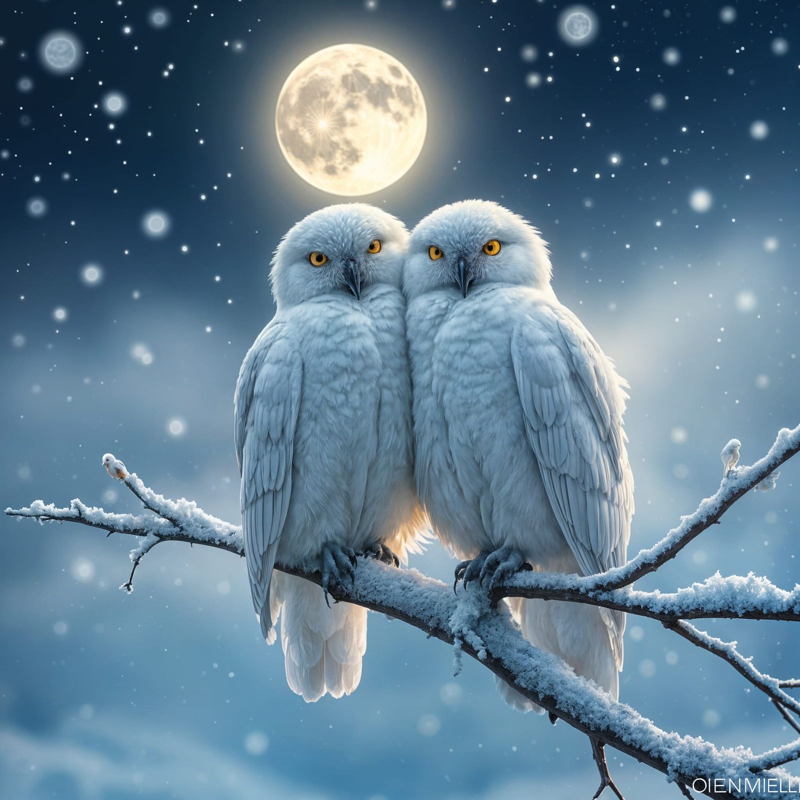 Ethereal Snow Moon Birds in Radiant Feathers