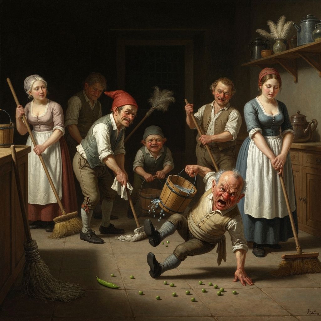 Gnomes Cleaning Kitchen at Night in Rembrandt Style