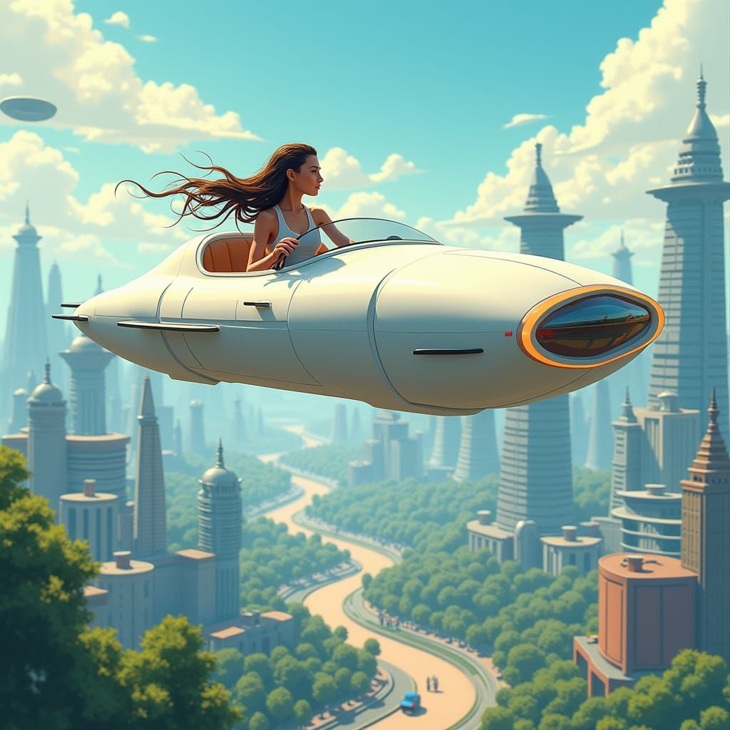 Futuristic Woman in Hover Car Over Utopian City