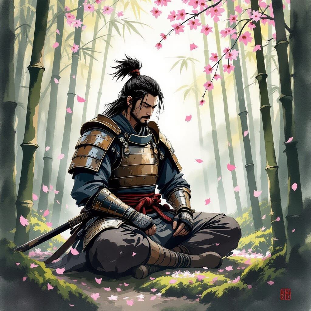 Samurai Meditating in Bamboo Forest, Sumi-e Style
