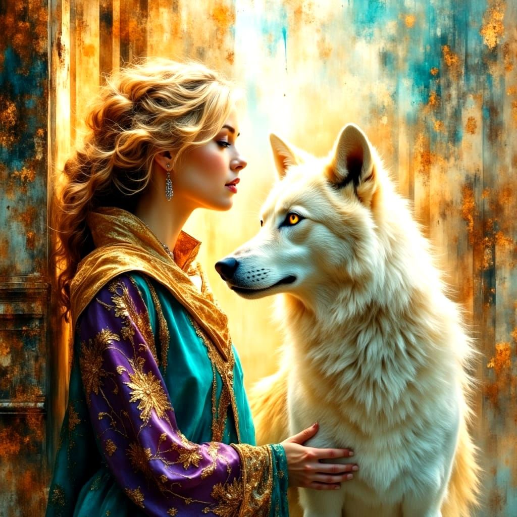 Majestic Blond and White Wolf Stand Together Near Tower Brid...