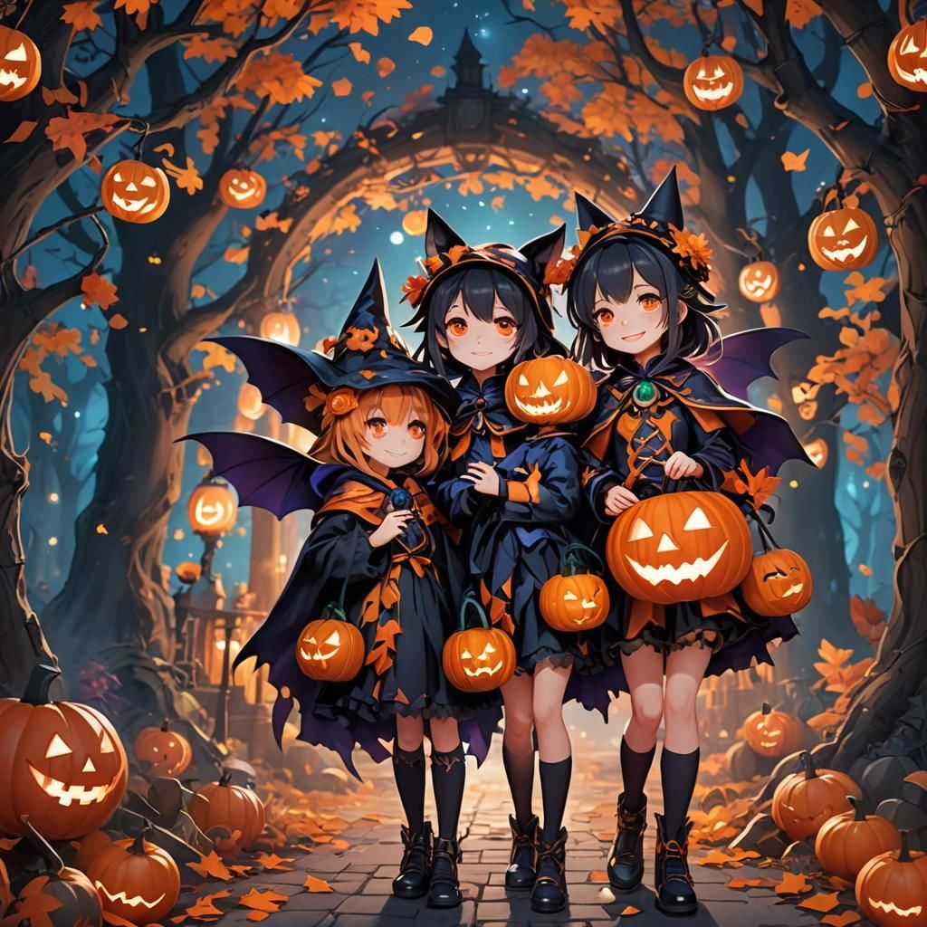 Trick-or-Treating Anime Children in Spooky Forest