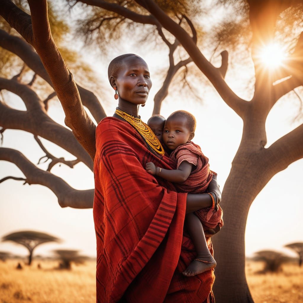 Maasai Mother and Child at Sunset