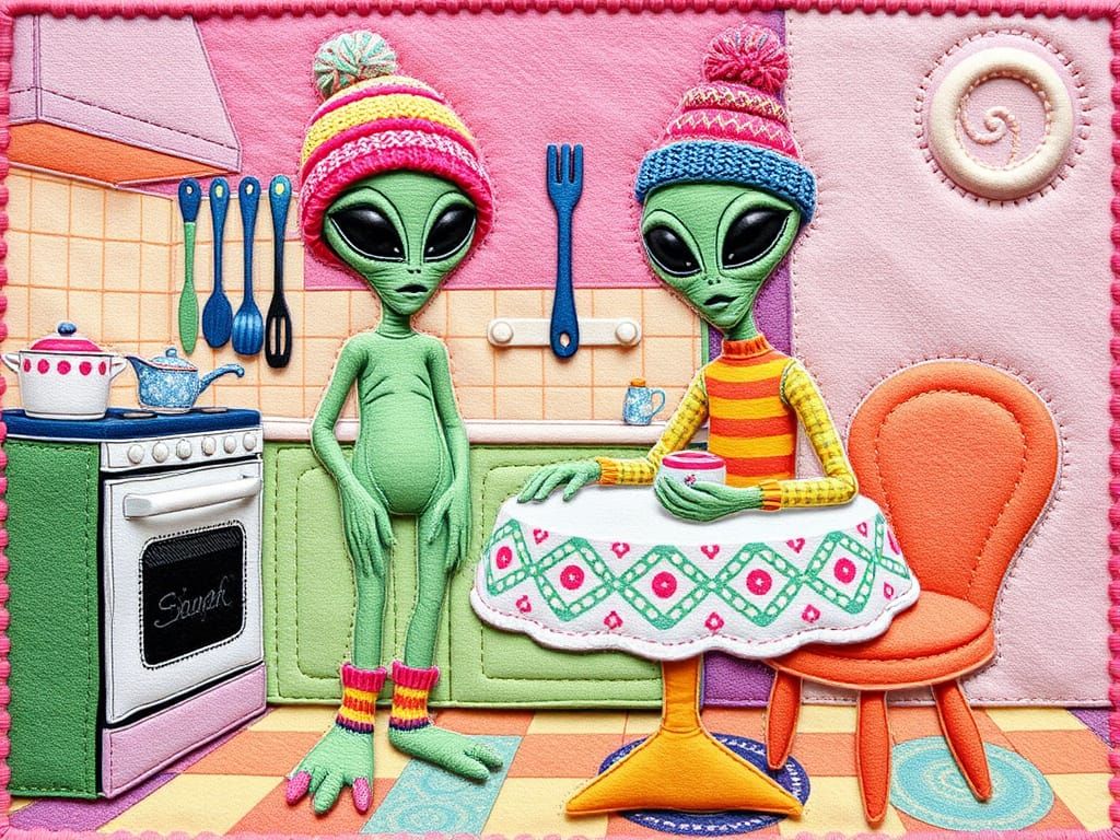 Whimsical Alien Friends in a Vibrant Fabric Collage