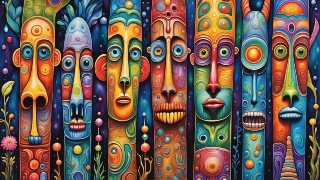 Surrealist Totem Poles in Oil Painting Style
