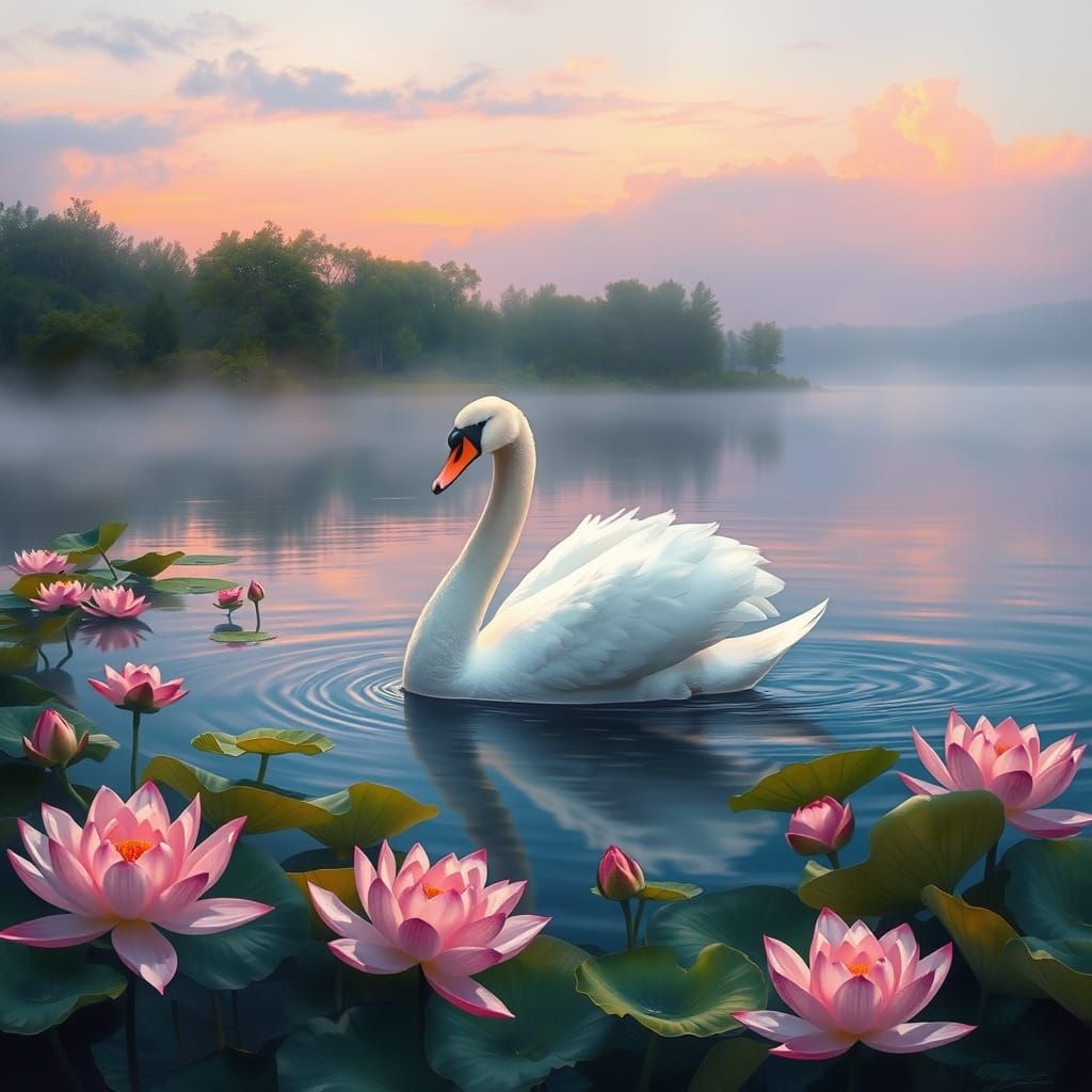 Ethereal Evening Lake Scene with Majestic Swan and Lotus Flo...