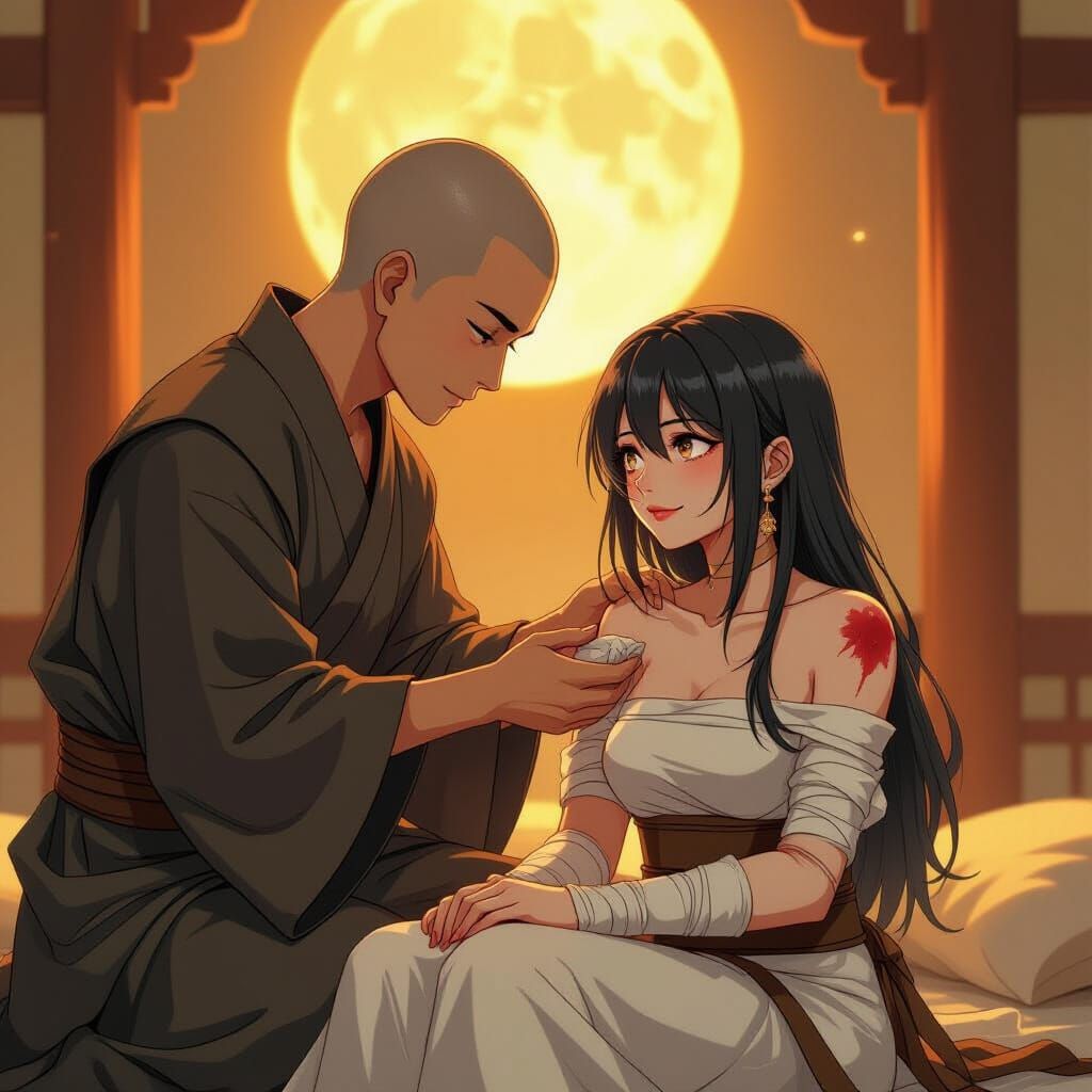 Monk Tends Wounded Thief in Moonlit Chamber