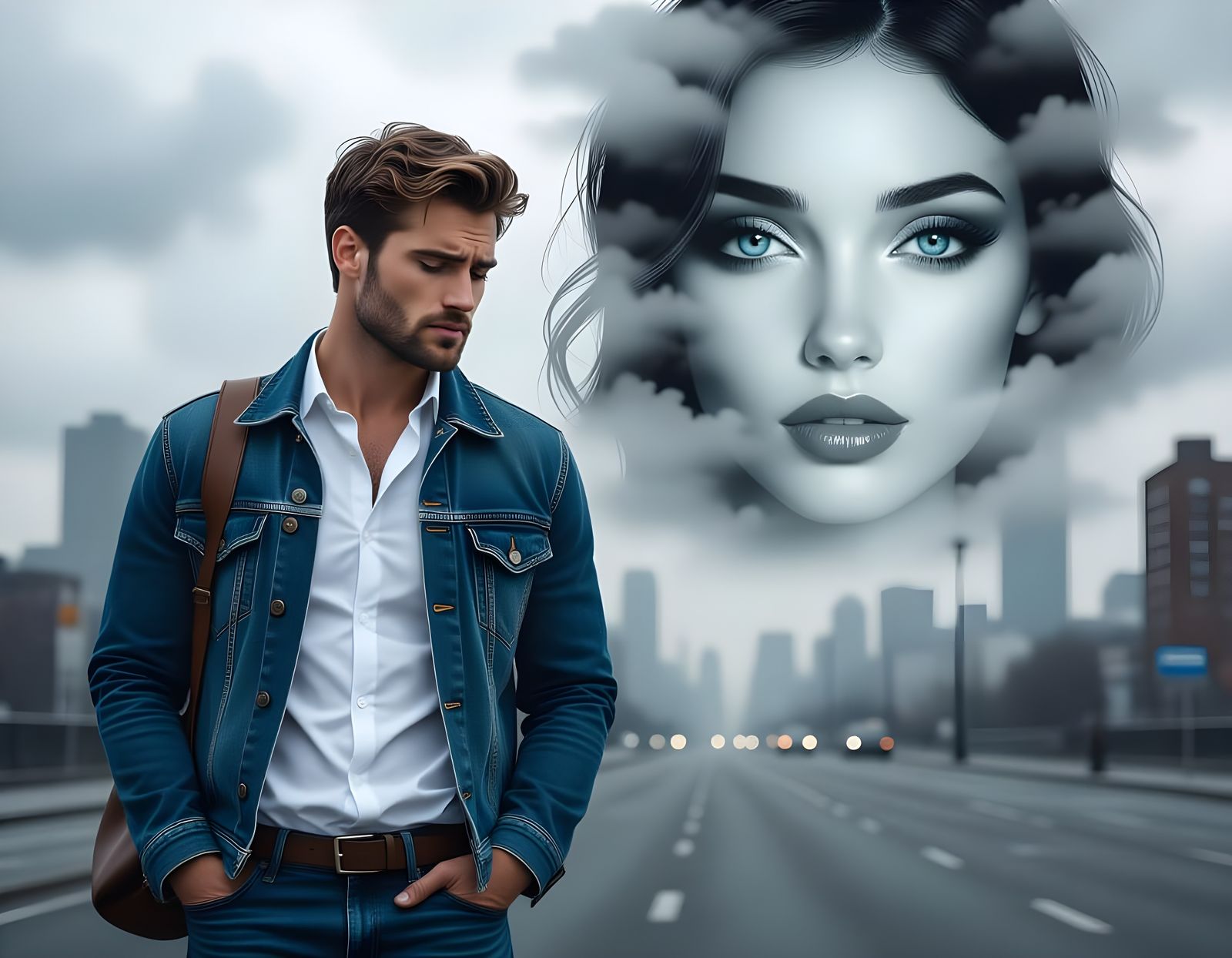 Desolate City: Portrait of a Sad Man with Surreal Backdrop