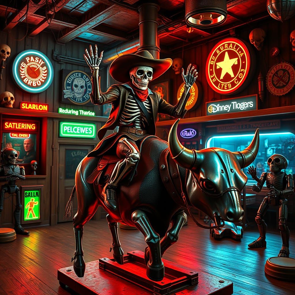 Skeleton Cowboy Rides a Mechanical Bull