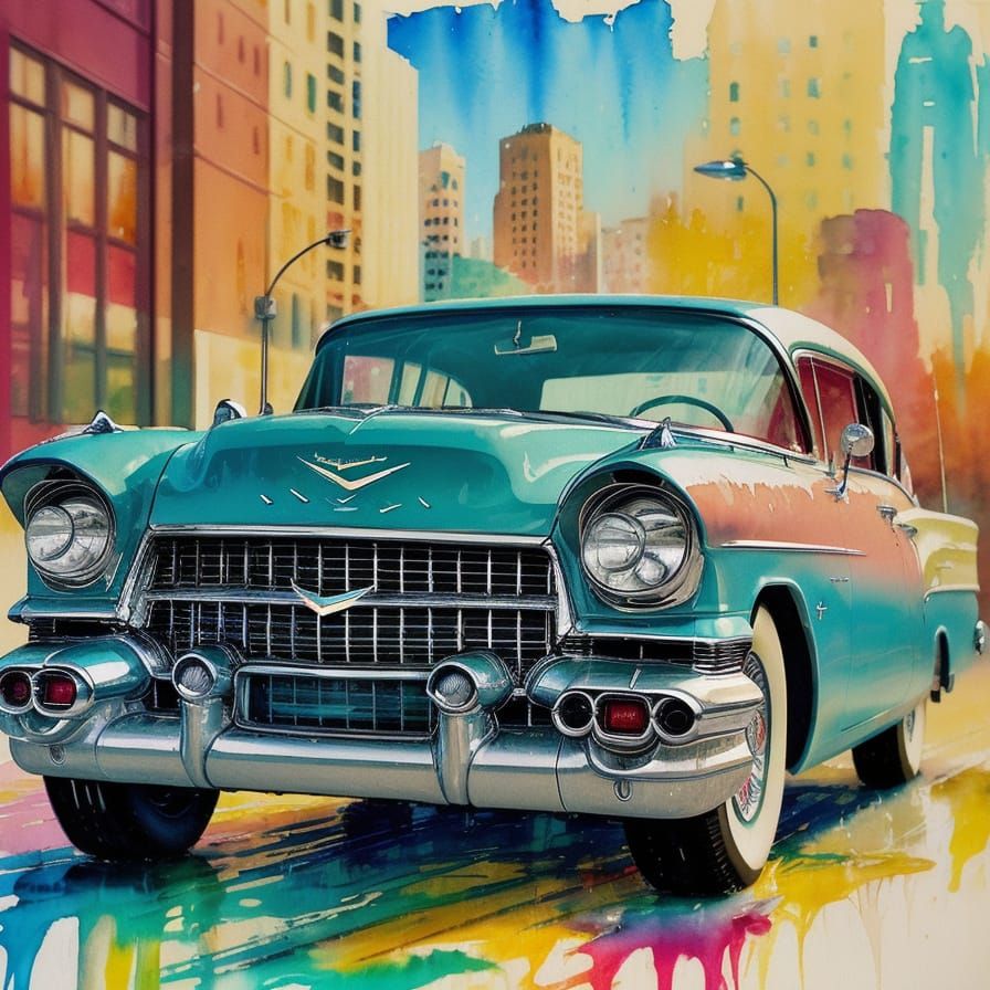 Vibrant 1958 Cadillac Masterpiece in Expressive Watercolor