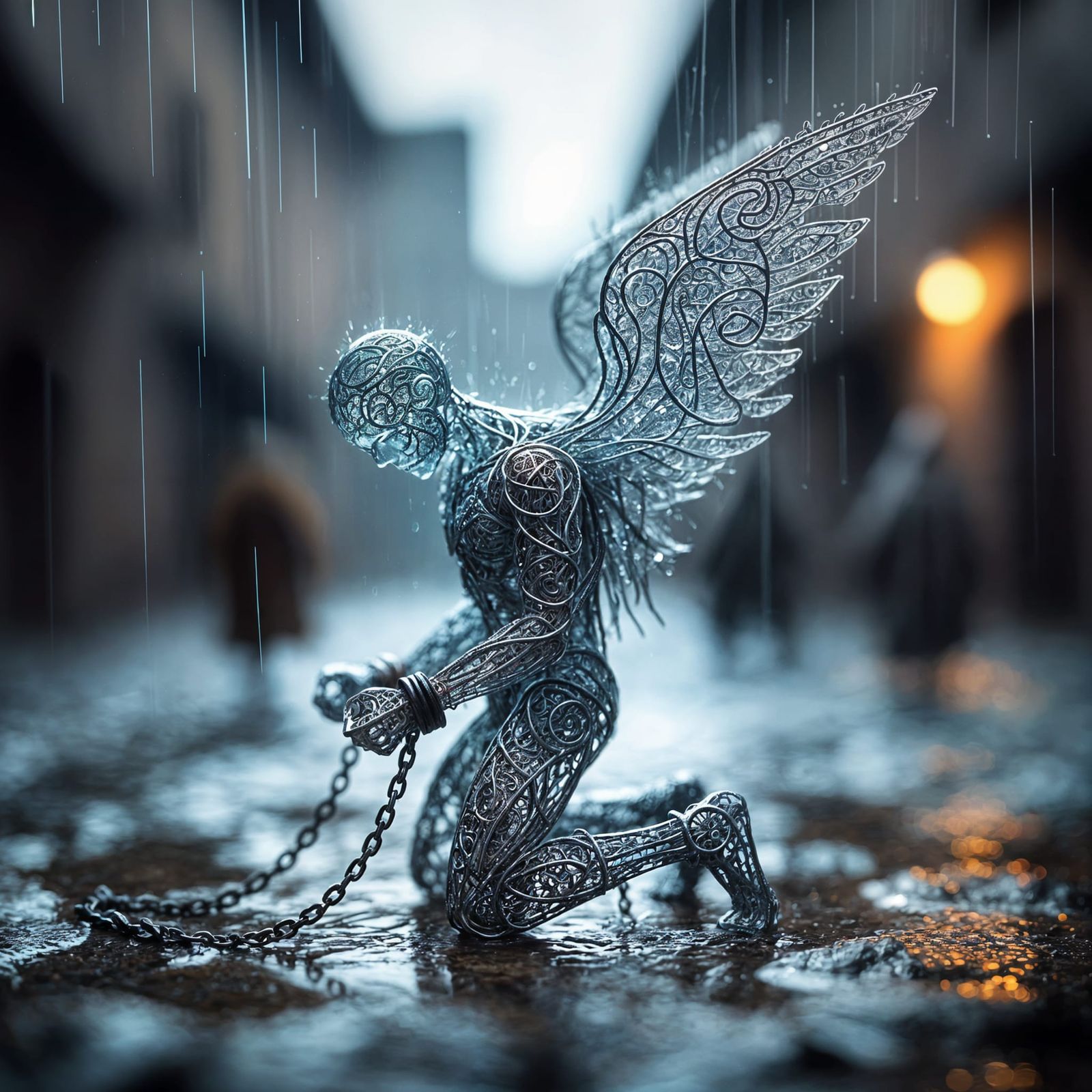 Ghostly Filigree Angel Shackled in Rainy Town