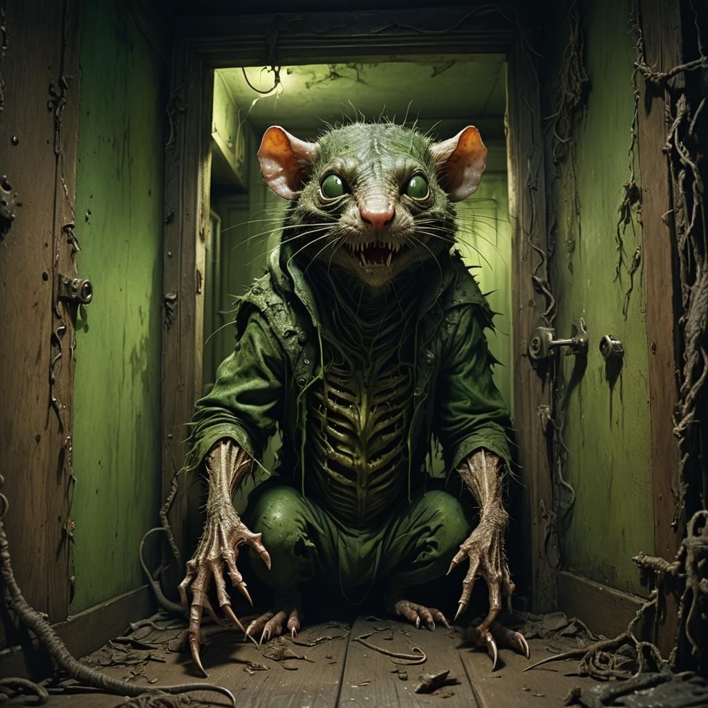 Grotesque Venom Rat in Eerie Closet: Dark Fantasy Art