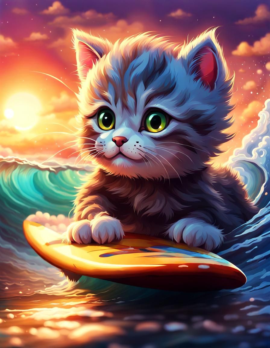Cute Cat Surfing a Sunset Wave