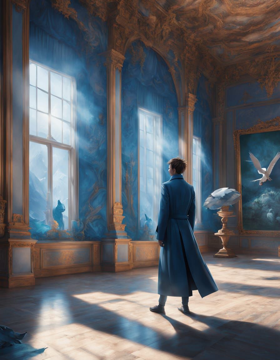 Androgynous Figure in Magical Modern Room with Glowing Bird