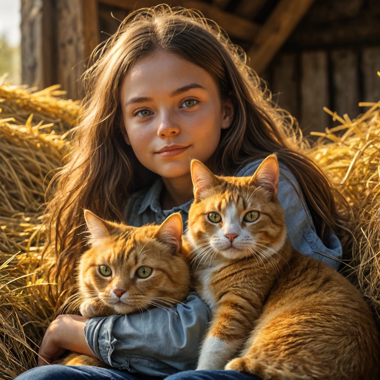 Girl and Yellow Cat in Sunlit Hayloft