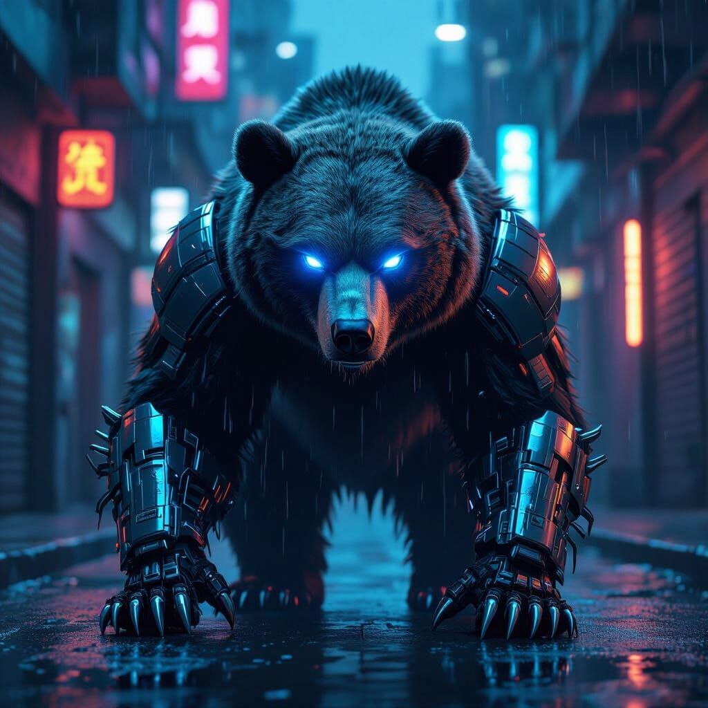 Cybernetic Grizzly Bear in Neon Alleyway