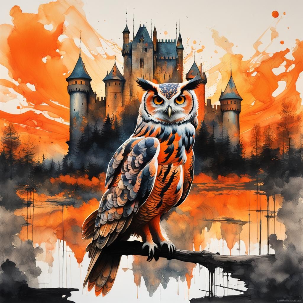 Double Exposure Owl Portrait with Castle Sunset