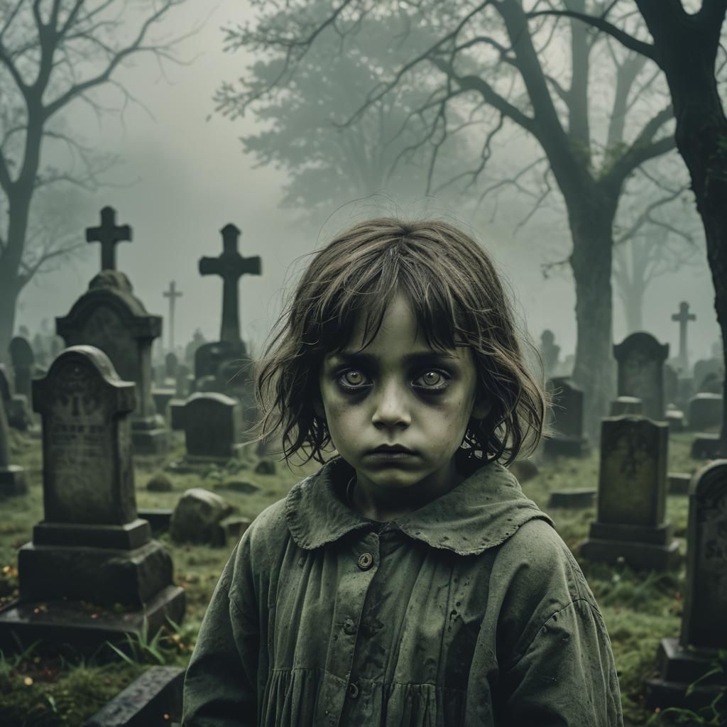 Creepy Black-Eyed Child in Graveyard, Dark Surrealism