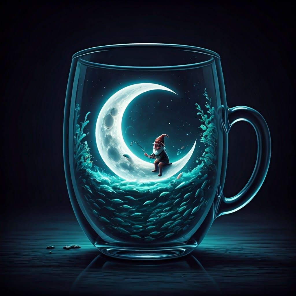 Gnome Fishing on Moon in Glass Cup