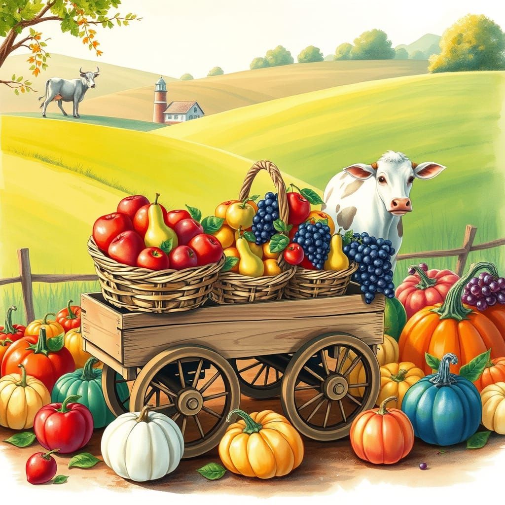 Whimsical Farm Cart with Fruits and Vegetables