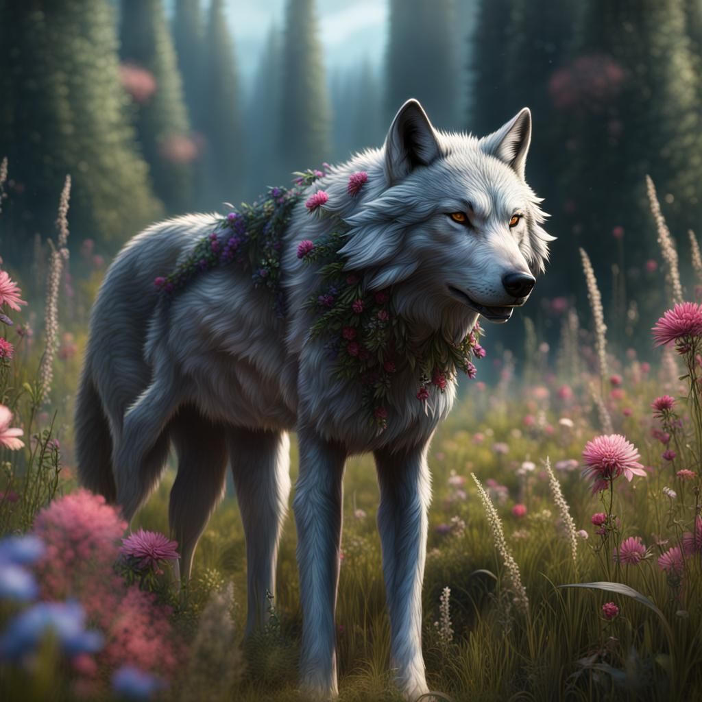 Grey Wolf in Meadow: Detailed Matte Painting