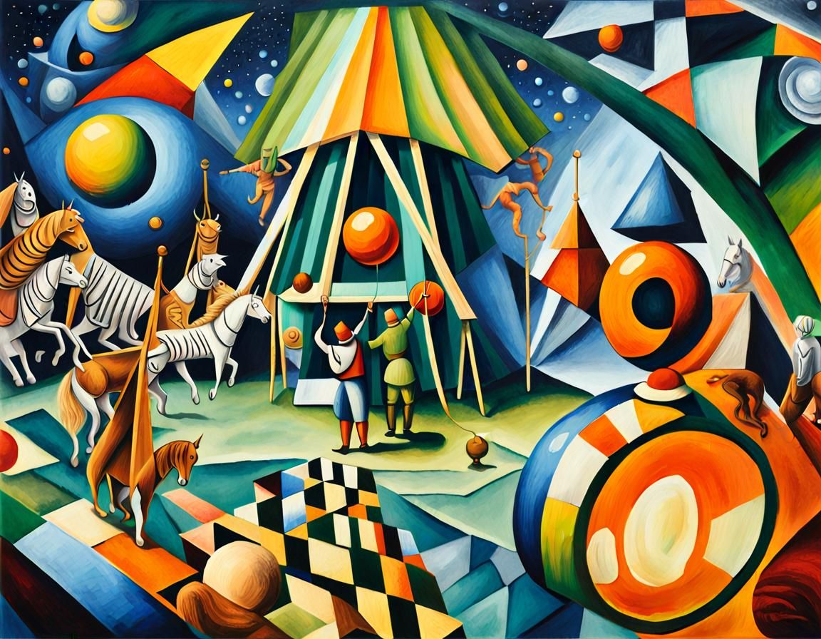 circus scene ring, trapeze artists, clowns, trained horses a...