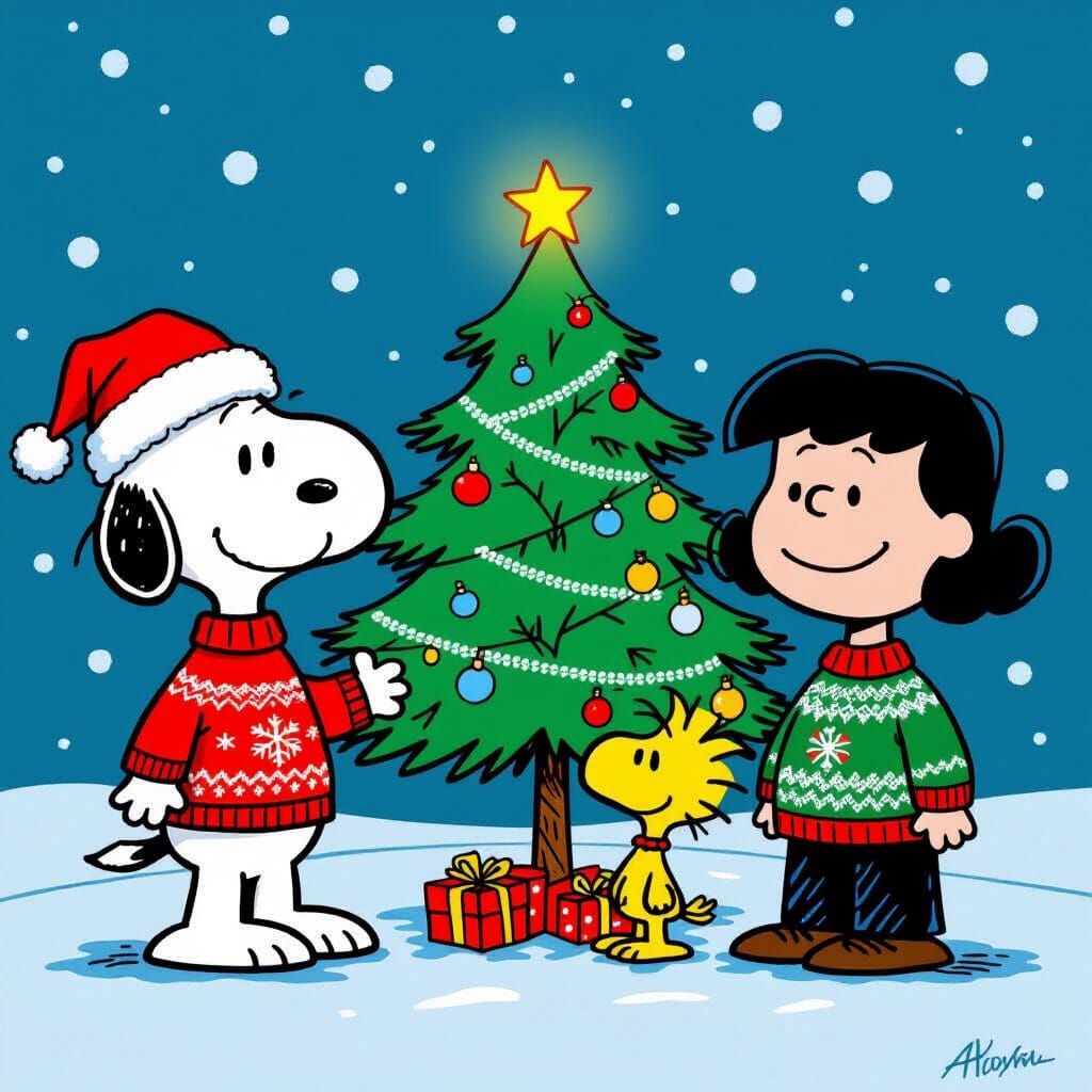 Peanuts Characters in Christmas Sweaters, Pixar Style