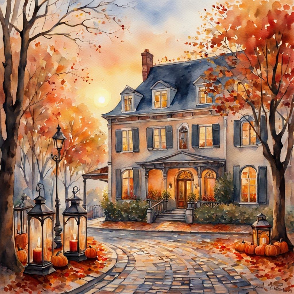 Watercolor Autumn Scene With Bottles and Candle Jar