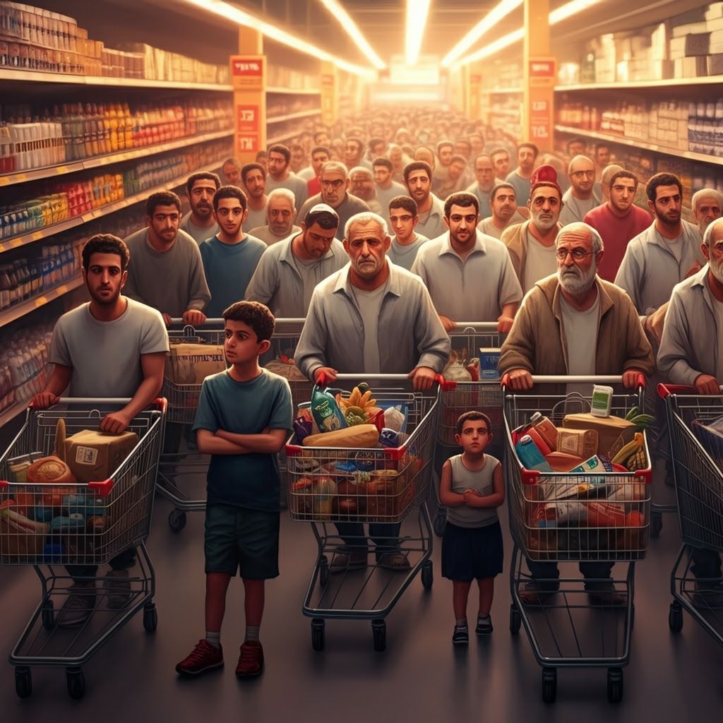 Hyperrealistic Israeli Supermarket Queue Scene