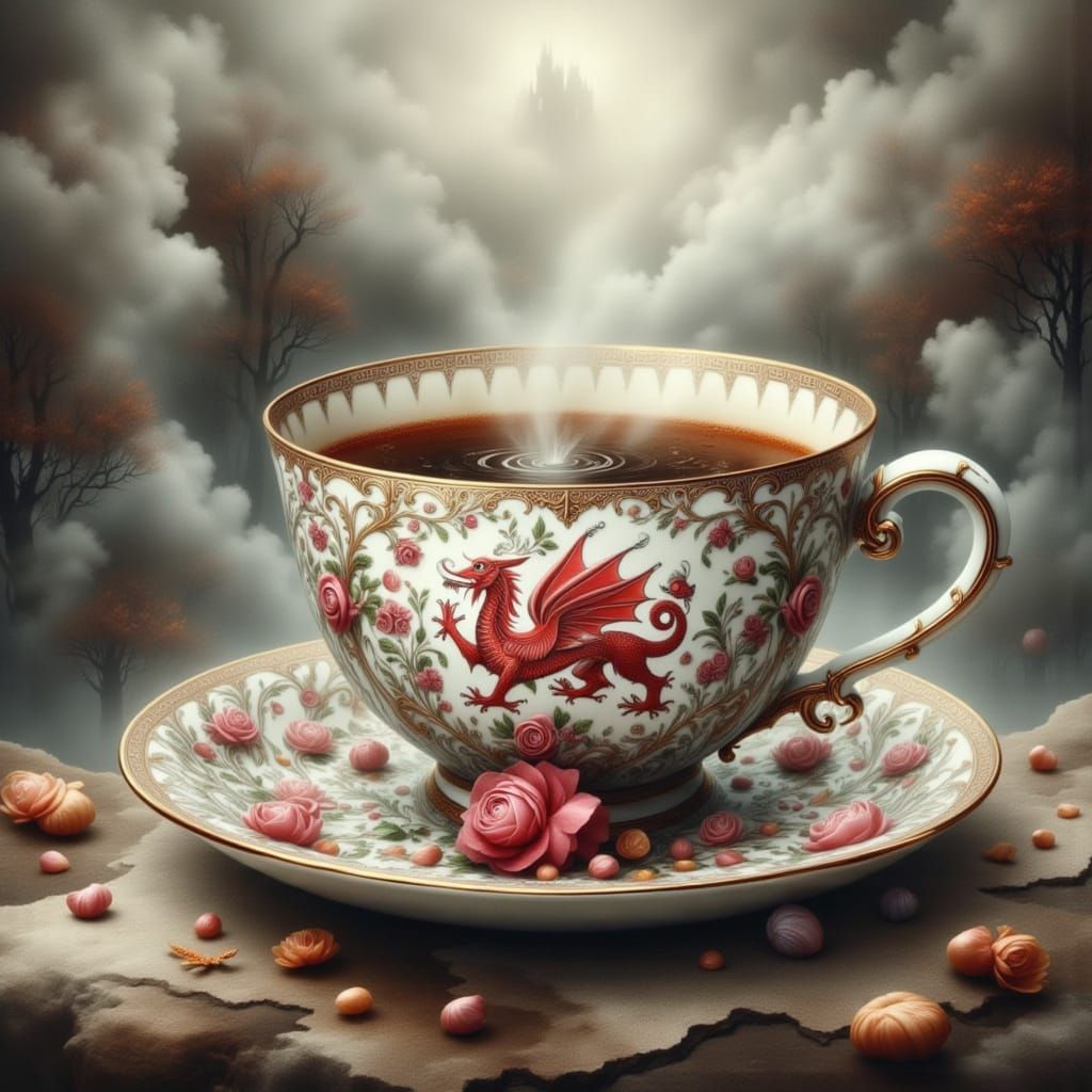 Ornate Welsh Teacup in Misty Fantasy Landscape
