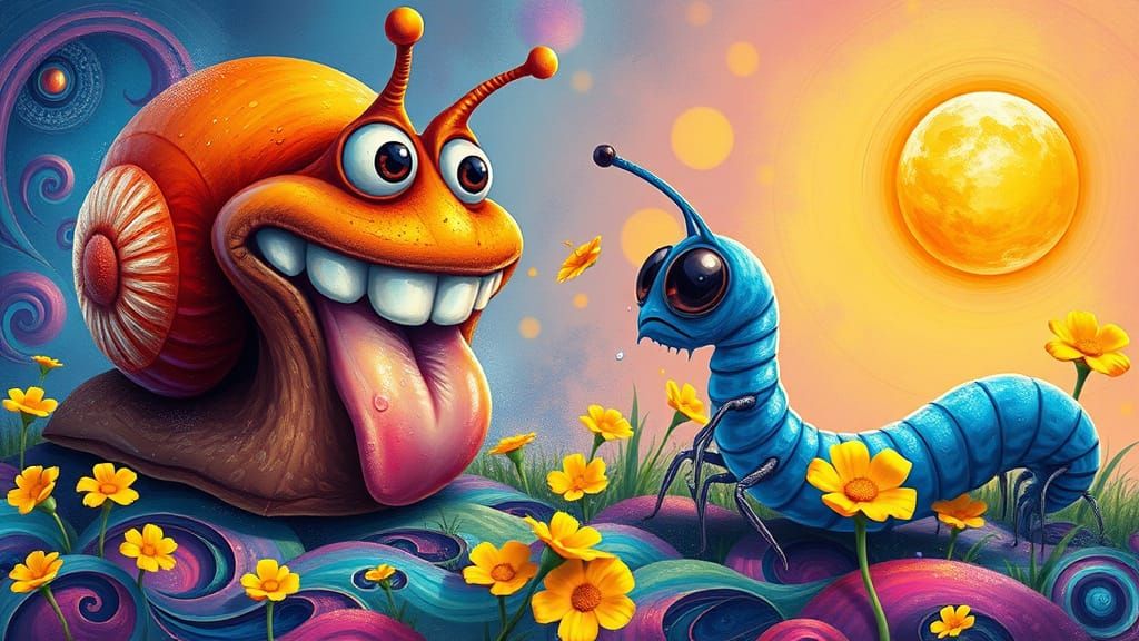 Vibrant Snail Admires Distraught Blue Millipede in Whimsical...