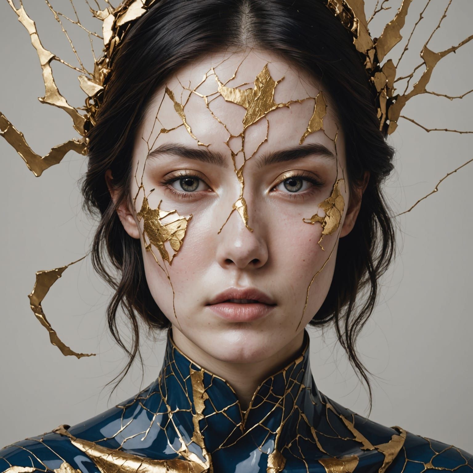 Golden Veined Porcelain Portrait: Kintsugi Inspired Art