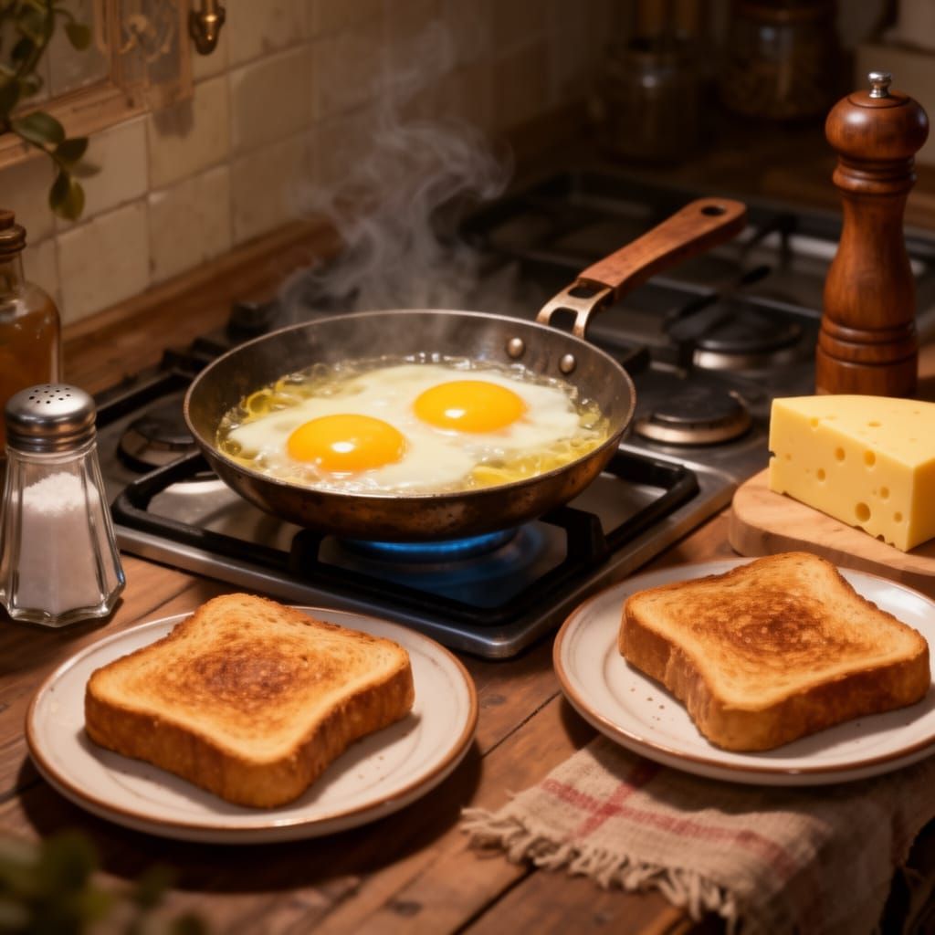Cozy Kitchen Breakfast Scene with Golden Eggs and Toast