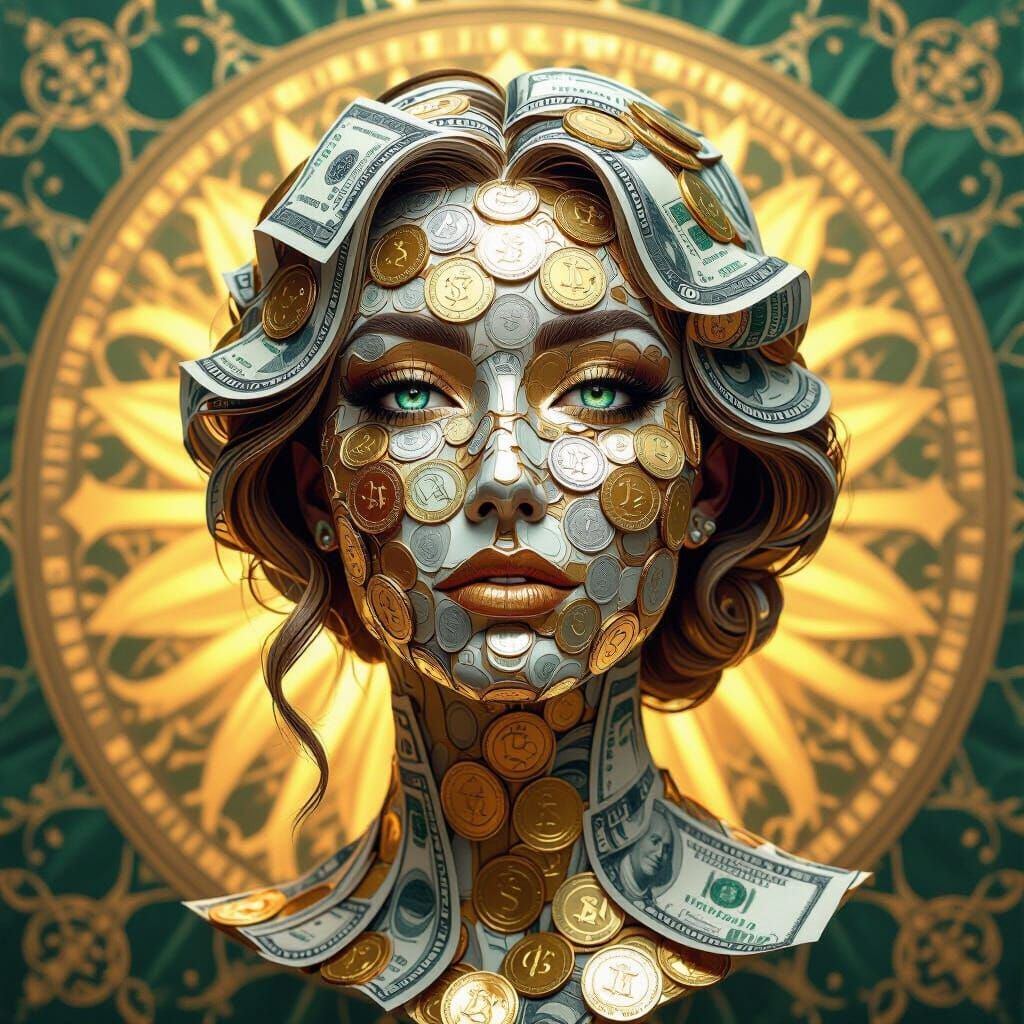 Woman's Portrait Made of Coins and Bills