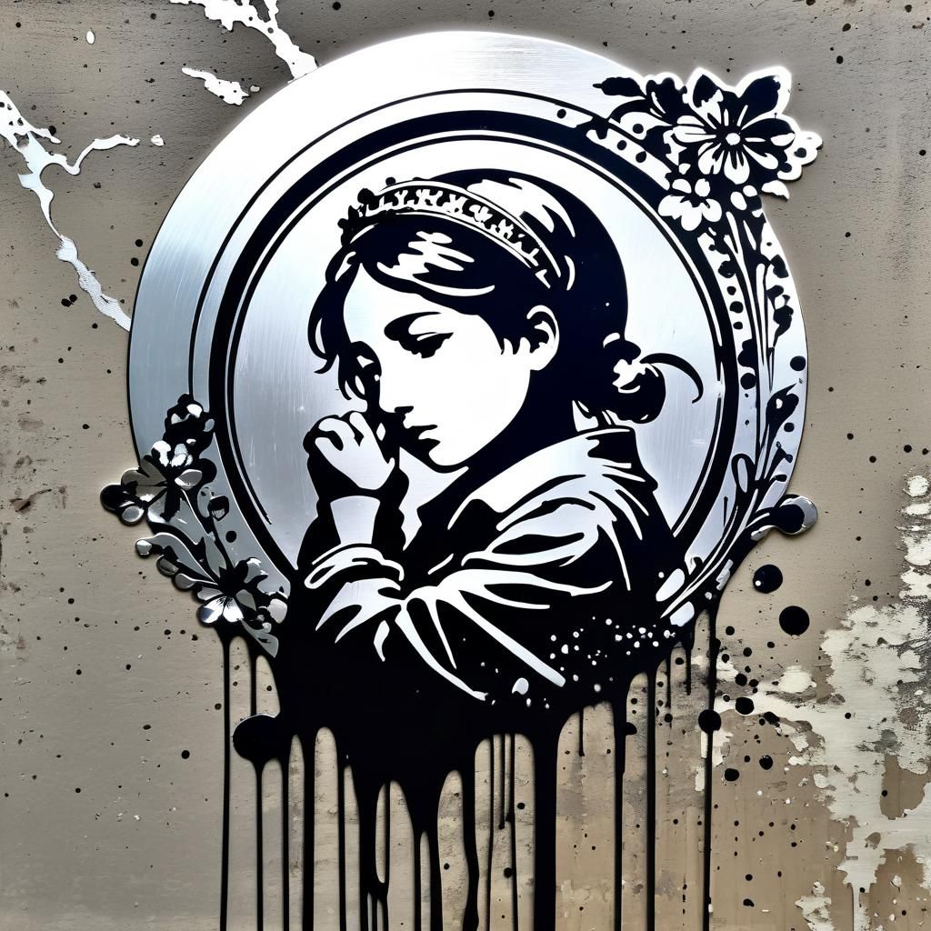 Distressed Silver Foil Ink Splash in Art Nouveau Style