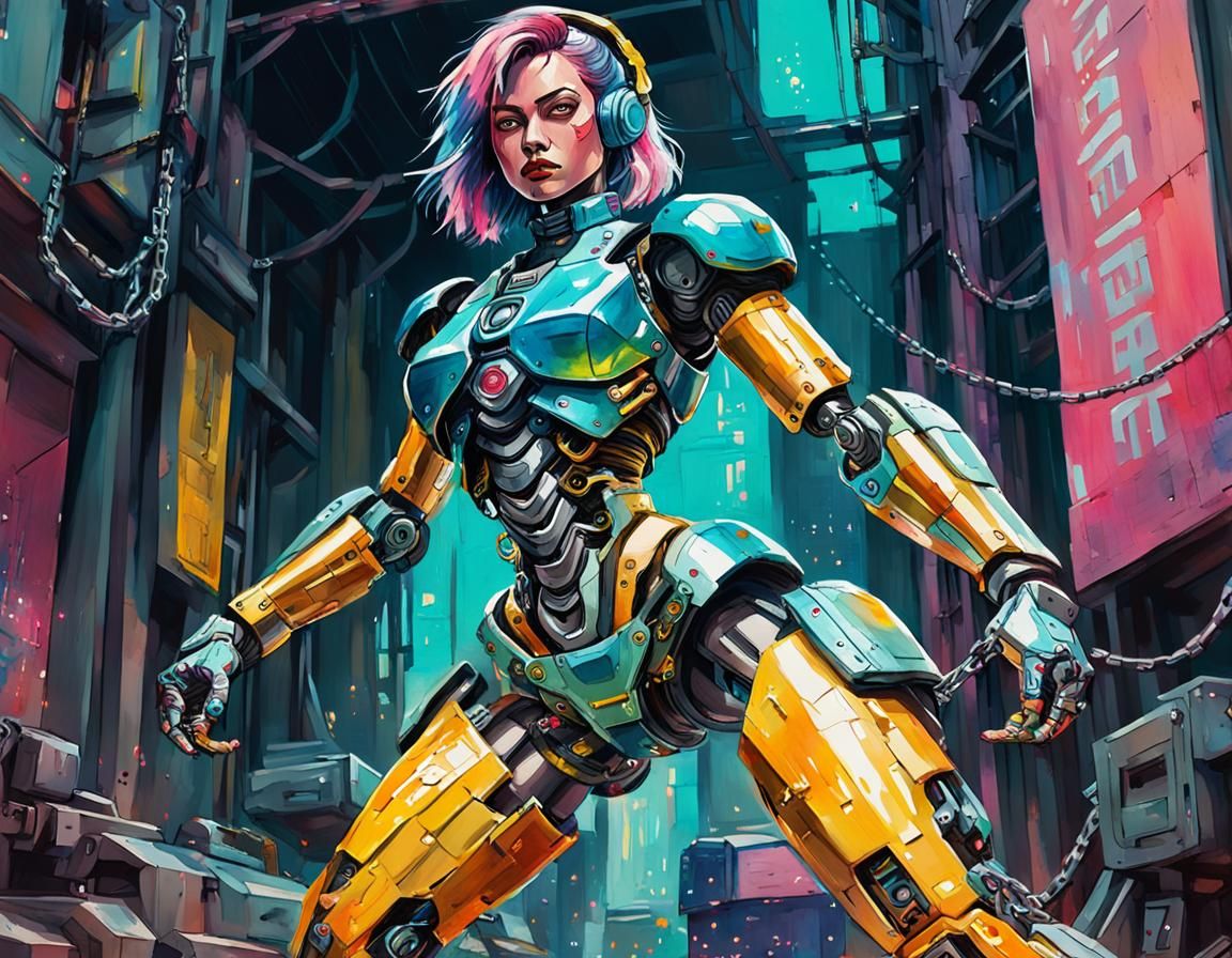 Cyberpunk Robot Woman in Gouache Watercolor Style