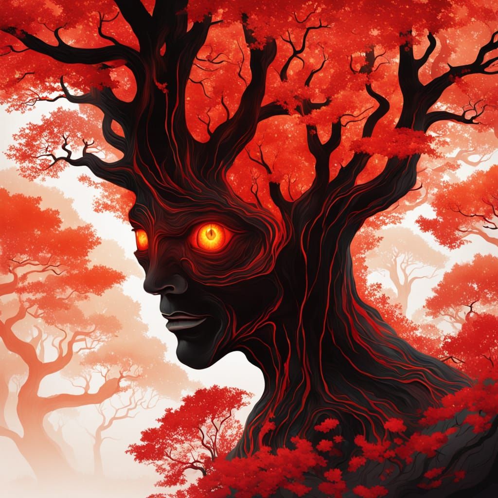 Psychedelic Form with Red Eyes in Chaotic Forest