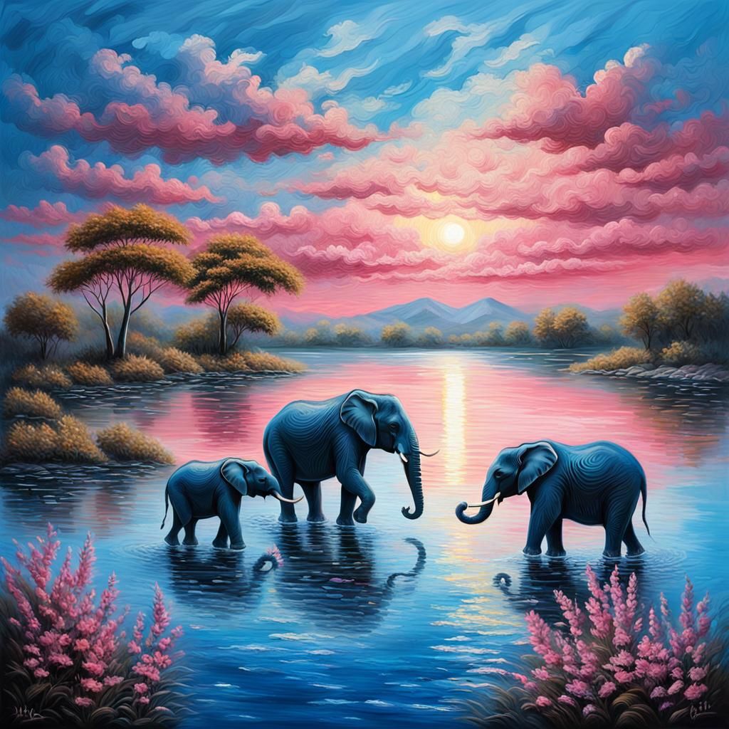 Elephants at Dusk: An Impasto Painting