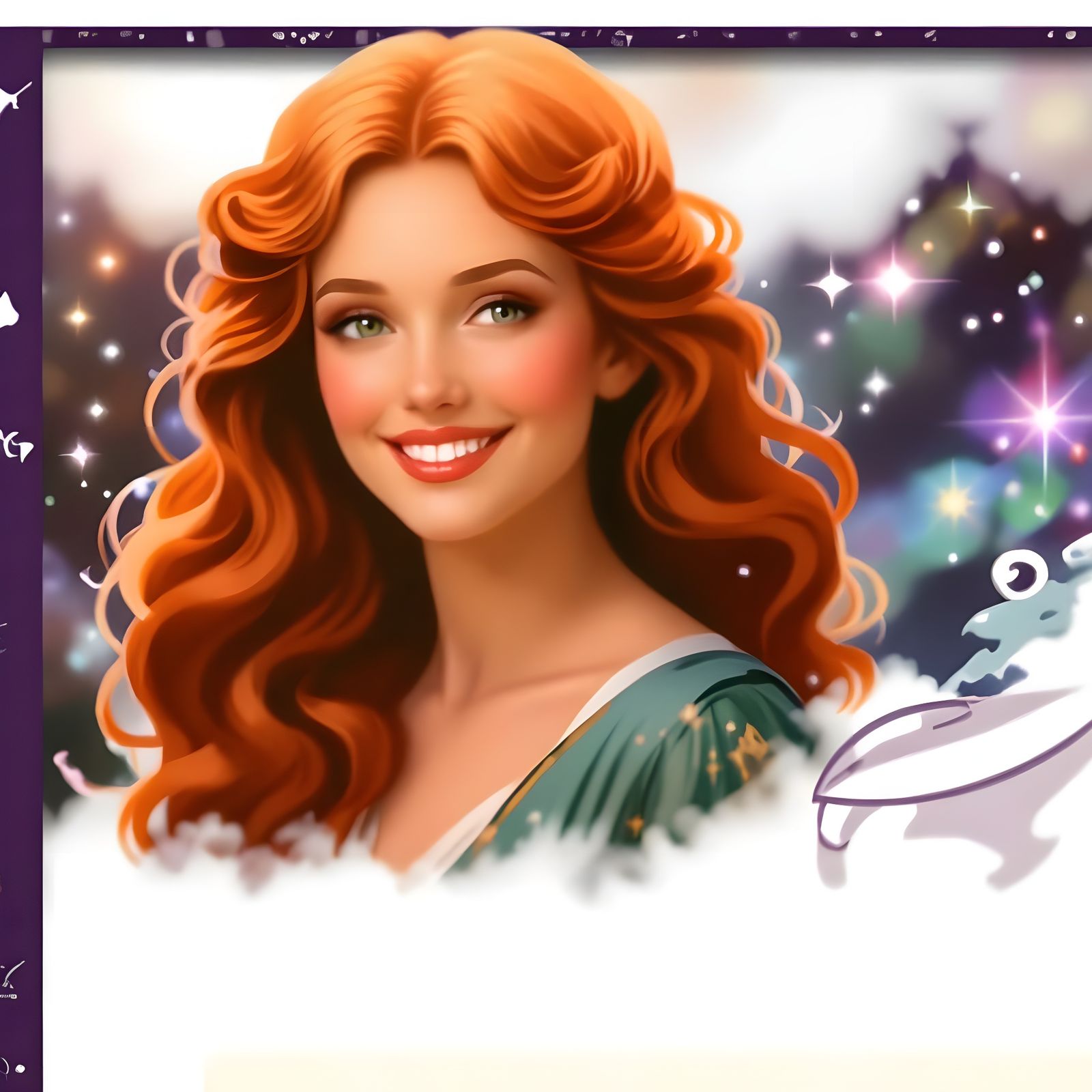 Ethereal Goddess Enthroned on Cloud in Art Nouveau Style