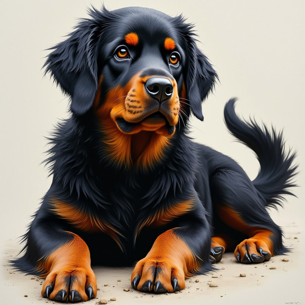 Majestic Long-Haired Rottweiler Portrait in Expressive Reali...